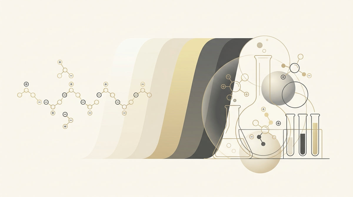 Abstract editorial illustration of pH gradient bands and molecular charge symbols on an ivory and gold background, representing peptide isoelectric point and buffer chemistry