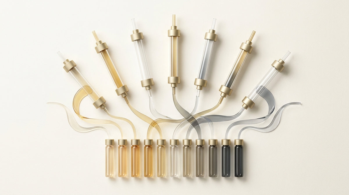 Editorial illustration of peptide purification equipment, chromatography columns and fraction-collection vials in gold and charcoal tones on an ivory background