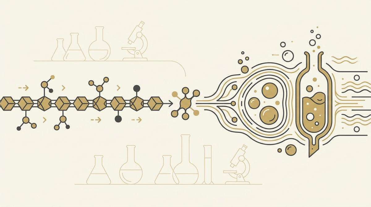 Abstract editorial illustration representing chemical synthesis and biological expression as two parallel paths of peptide production