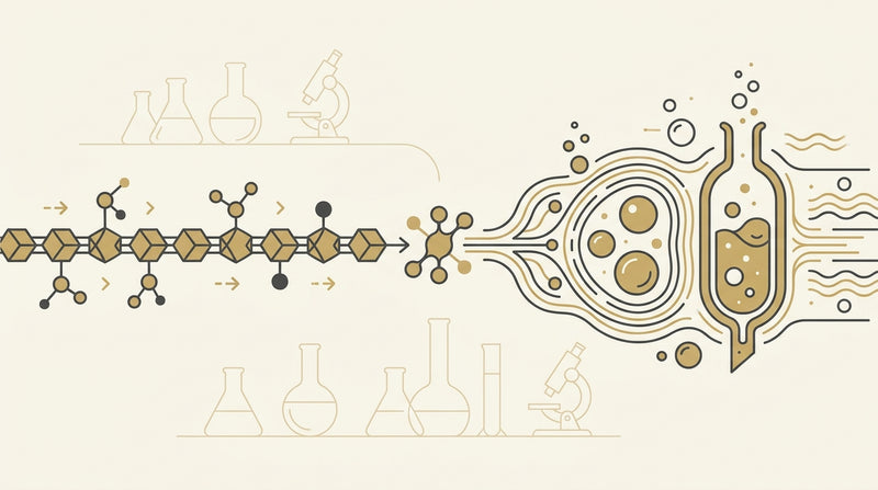 Abstract editorial illustration representing chemical synthesis and biological expression as two parallel paths of peptide production