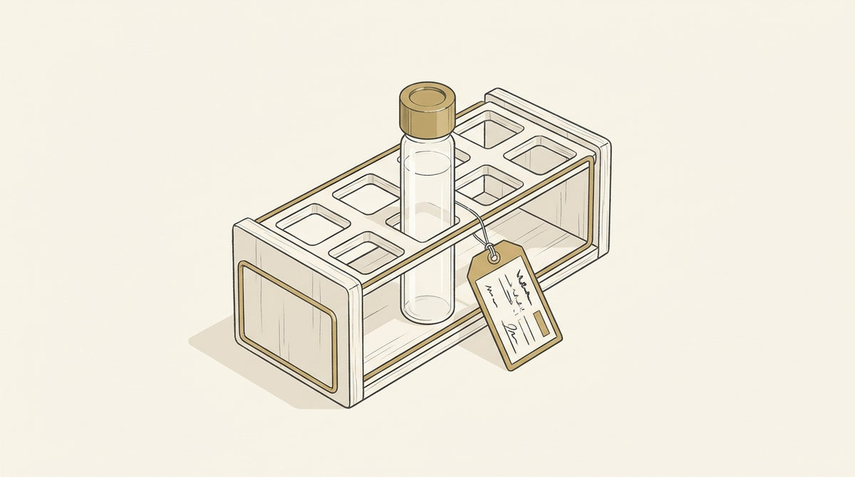Editorial illustration of a sealed glass sample vial in an archival storage rack with a labelled retention tag