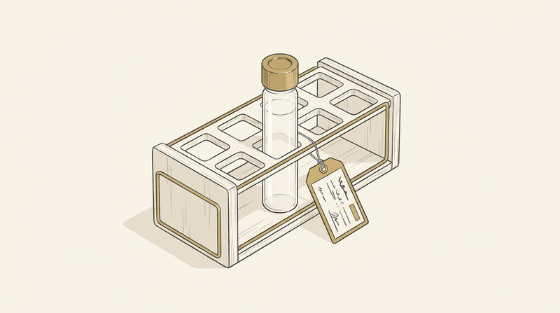Editorial illustration of a sealed glass sample vial in an archival storage rack with a labelled retention tag