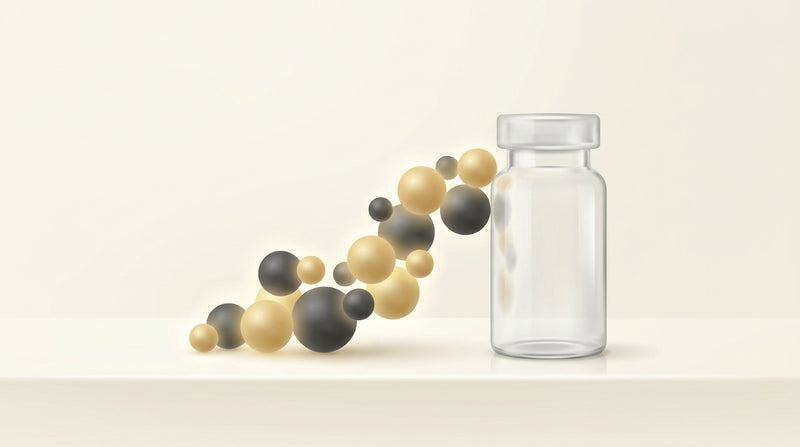 Editorial illustration of a glowing isotopic mass spectrum cluster beside a laboratory glass vial on an ivory background
