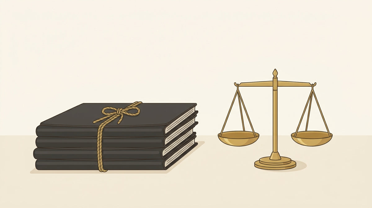 Editorial illustration of bound document folders and a brass balance scale representing customs and tax documentation