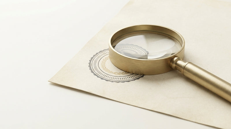 A magnifying glass over an embossed seal on a document, symbolising verification of laboratory accreditation