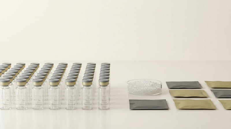 Editorial laboratory still-life of glass vials with rubber stoppers, crimp seals, and silica gel desiccant, in ivory and gold tones