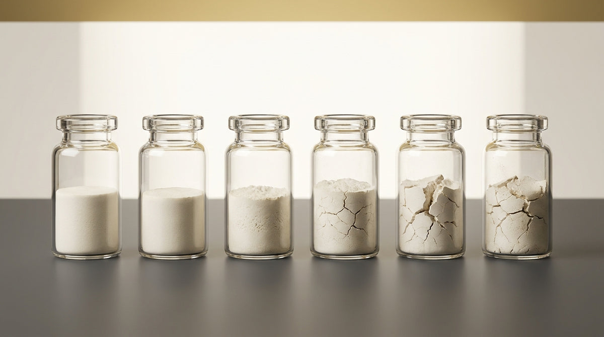 Row of glass vials showing lyophilised peptide cake appearance ranging from intact to cracked and shrunken