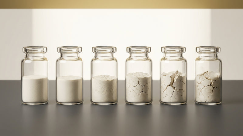 Row of glass vials showing lyophilised peptide cake appearance ranging from intact to cracked and shrunken