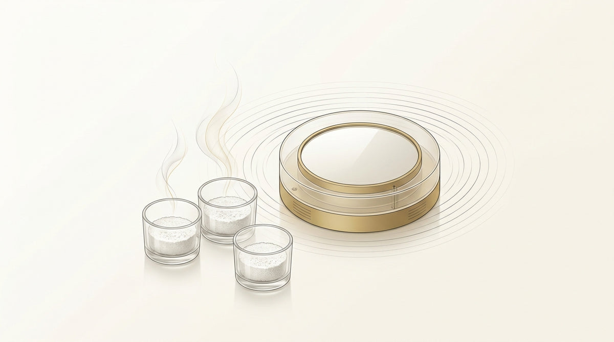 Editorial still-life illustration of a water activity measurement chamber and lyophilised sample cups in ivory and muted gold tones