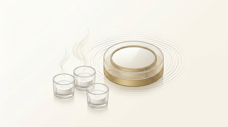 Editorial still-life illustration of a water activity measurement chamber and lyophilised sample cups in ivory and muted gold tones