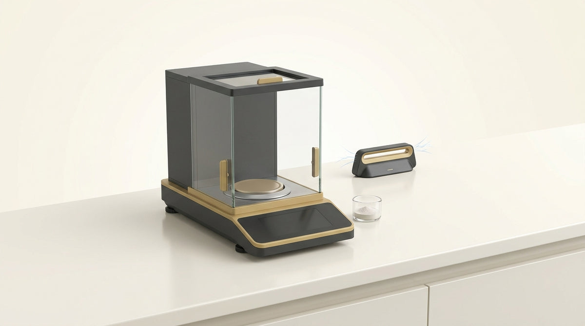 Editorial illustration of an analytical microbalance and glass weighing vessel on a laboratory bench in ivory and gold tones